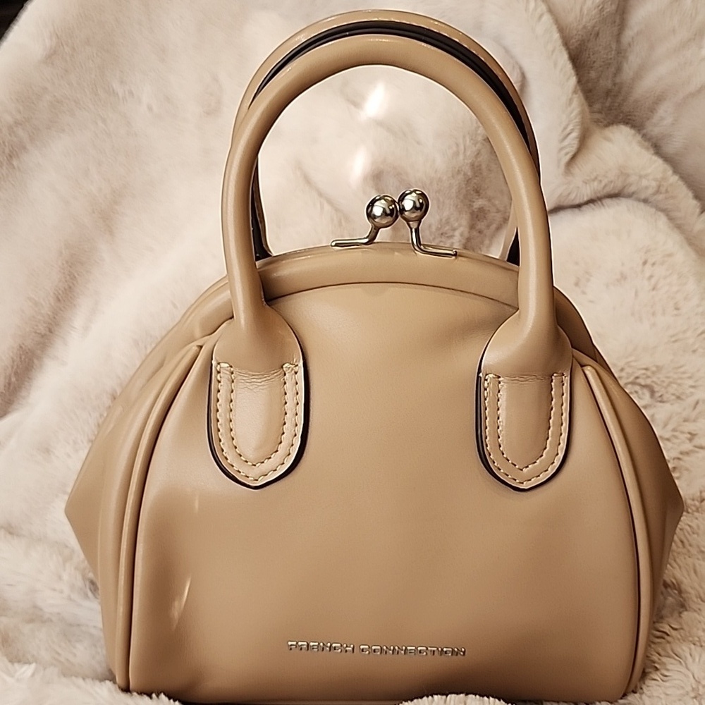 French Connection Taylor Smooth Kiss Lock Closure Doctor's Bag Cafe Au Latte - Picture 5 of 7
